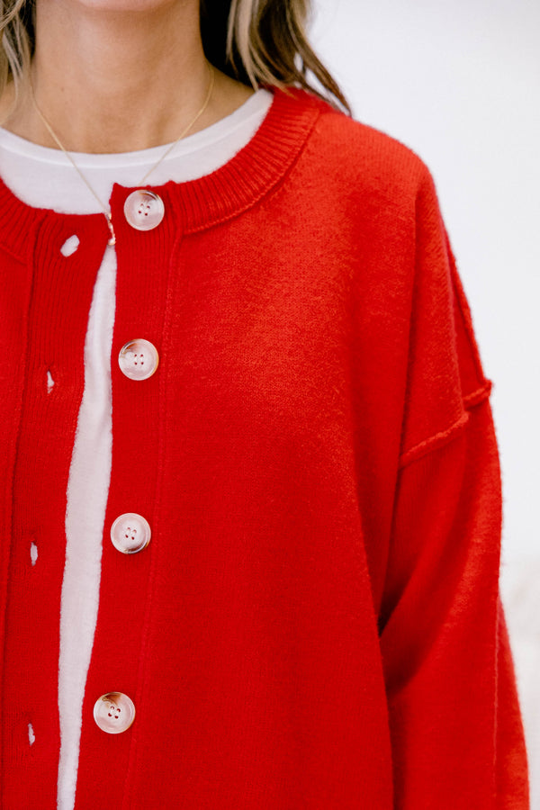 Chic Soul plus size clothing, red long sleeve button up cardigan with light wooden buttons