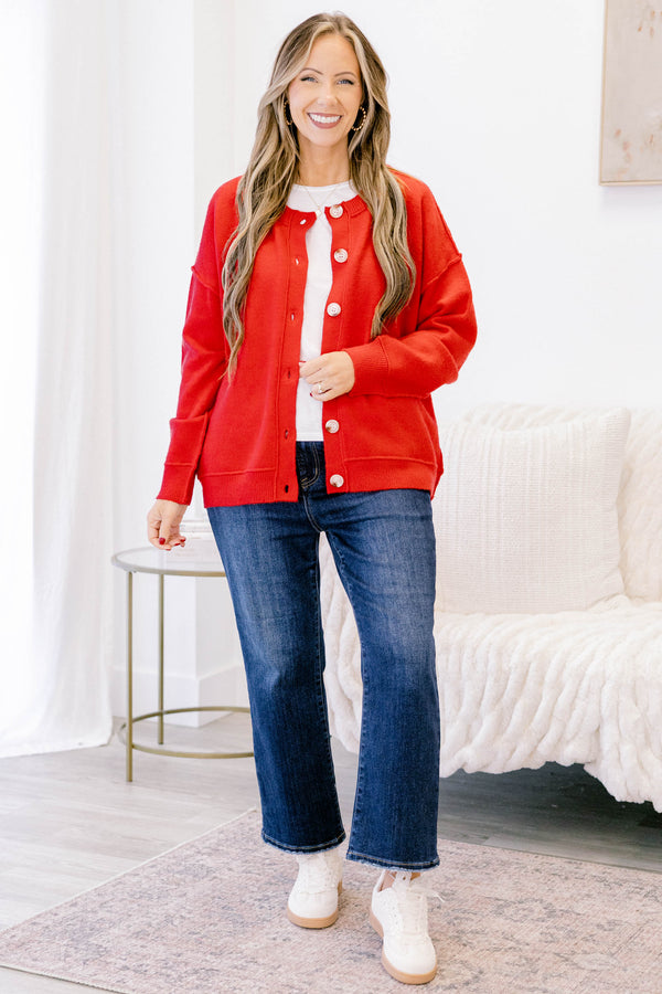 Chic Soul plus size clothing, red long sleeve button up cardigan with light wooden buttons