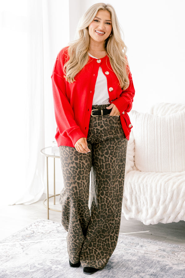Chic Soul plus size clothing, red long sleeve button up cardigan with light wooden buttons