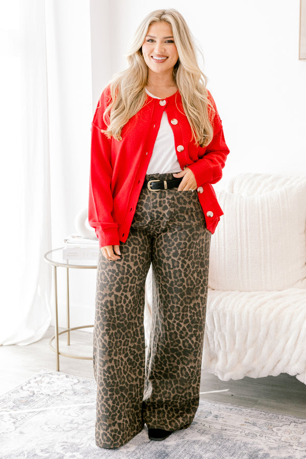 Chic Soul plus size clothing, red long sleeve button up cardigan with light wooden buttons