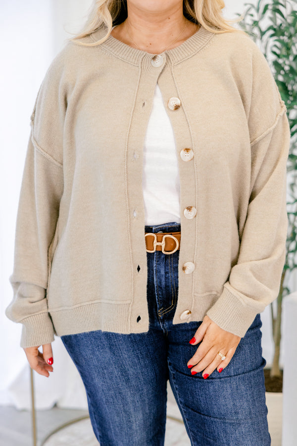 Chic Soul plus size clothing, light tan button up long sleeve crew neck cardigan with exterior chunky stitching detail