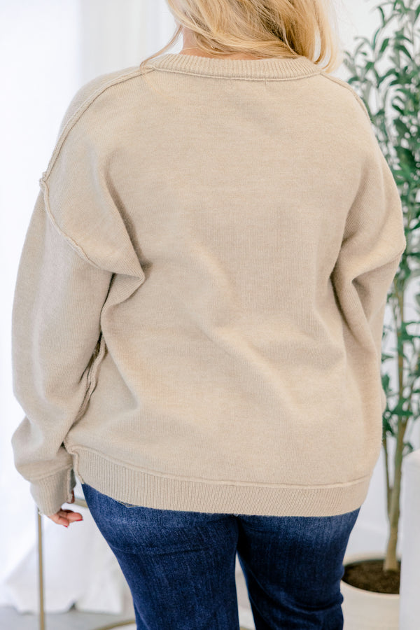 Chic Soul plus size clothing, light tan button up long sleeve crew neck cardigan with exterior chunky stitching detail