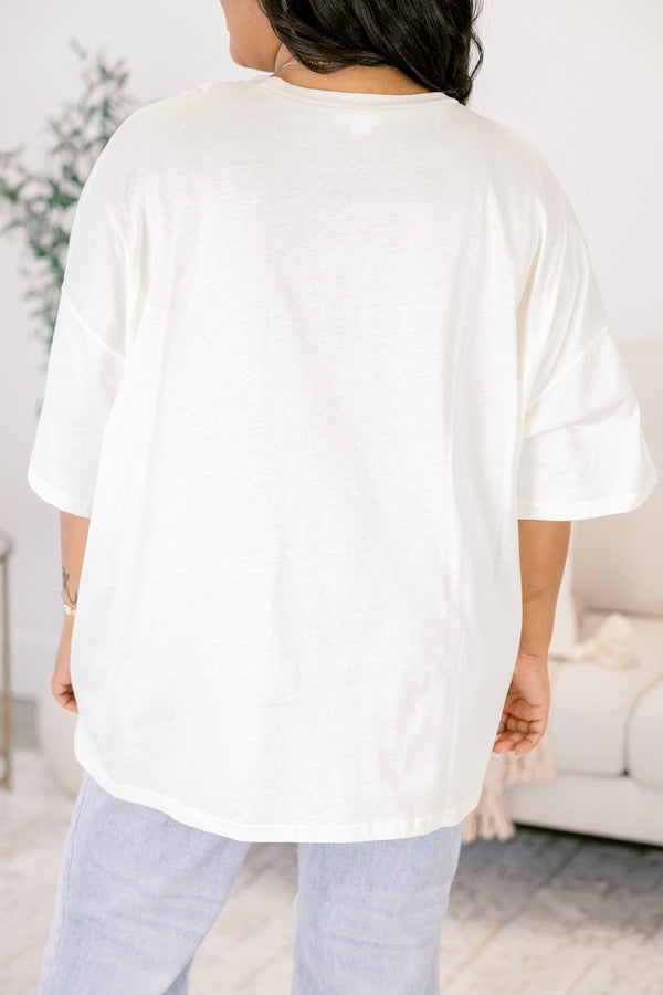 Chic Soul plus size clothing, off white short sleeve boyfriend tee with 