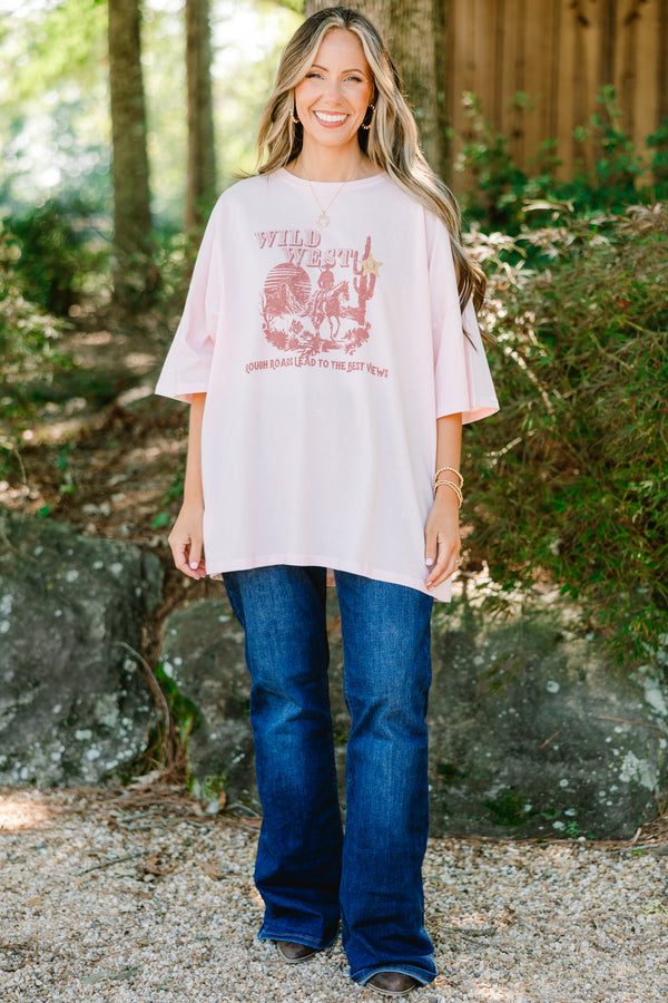 Chic Soul plus size clothing, cream pink short sleeve graphic tee with a wild west graphic on the center of the shirt and the saying 