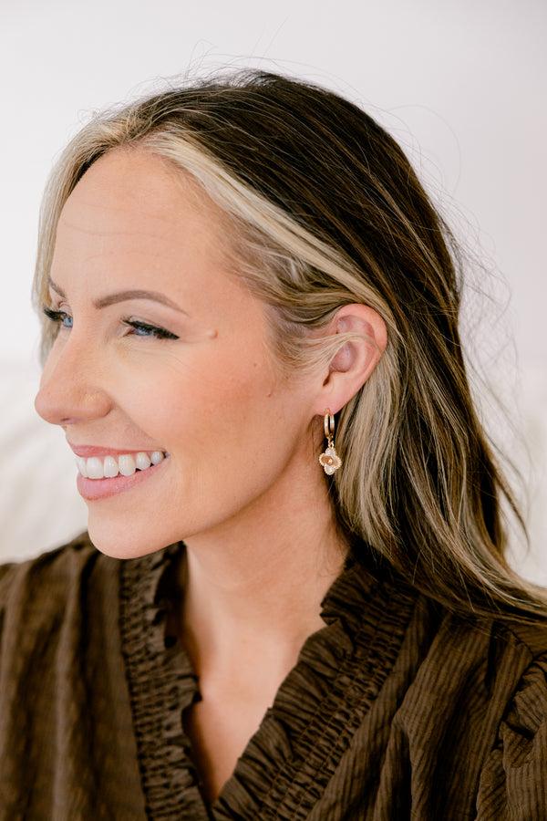 Chic Soul plus size clothing, gold small hoop earrings with gold clover pendant 
