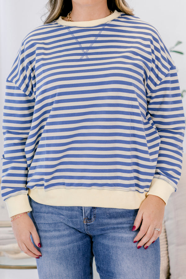 Chic Soul plus size clothing, blue striped pullover with a thick white detail at the bottom of the pullover, end of the sleeves, and around the neckline