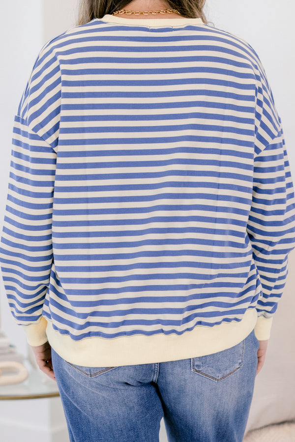 Chic Soul plus size clothing, blue striped pullover with a thick white detail at the bottom of the pullover, end of the sleeves, and around the neckline