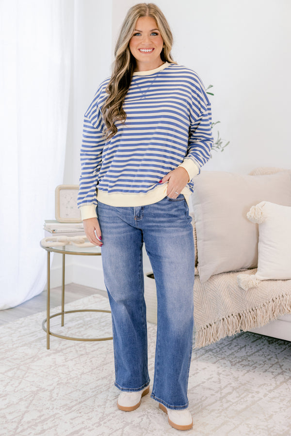Chic Soul plus size clothing, blue striped pullover with a thick white detail at the bottom of the pullover, end of the sleeves, and around the neckline