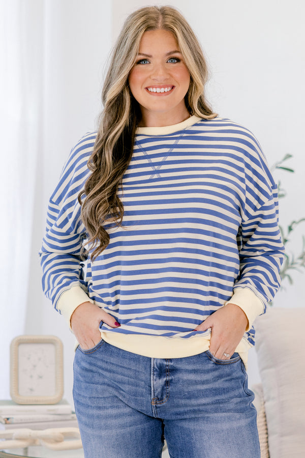 Chic Soul plus size clothing, blue striped pullover with a thick white detail at the bottom of the pullover, end of the sleeves, and around the neckline
