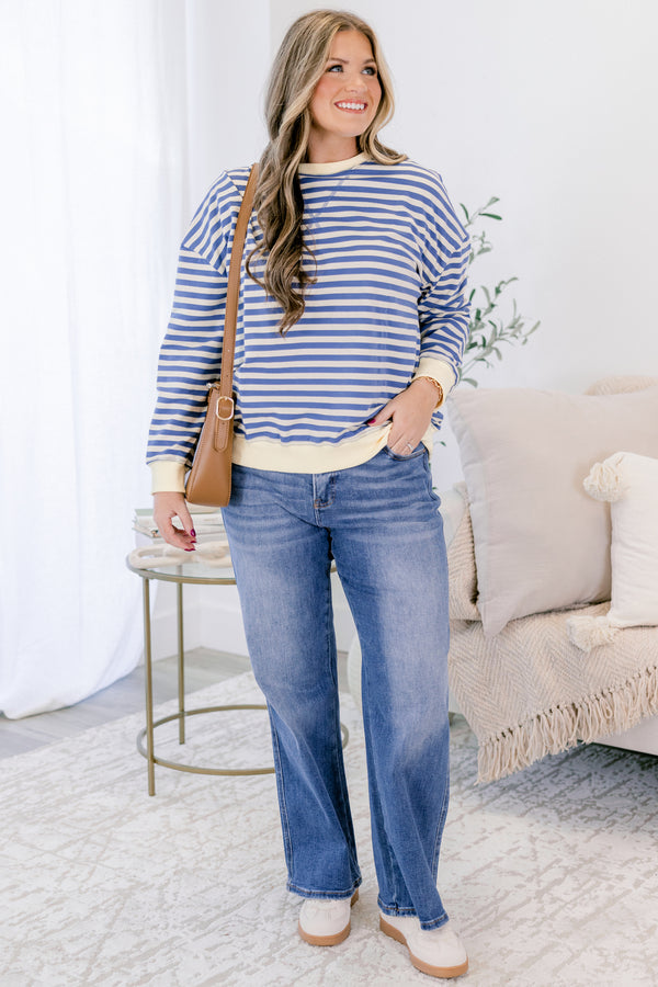 Chic Soul plus size clothing, blue striped pullover with a thick white detail at the bottom of the pullover, end of the sleeves, and around the neckline