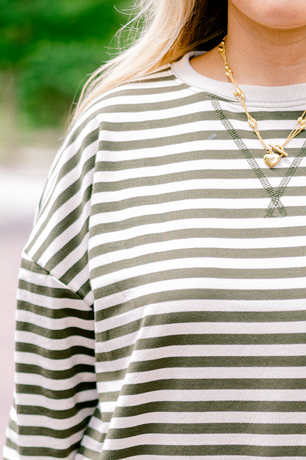 Chic Soul plus size clothing, ivory and olive stripe long sleeve pullover with v stitching at the collar and ivory cuffs and band at the bottom