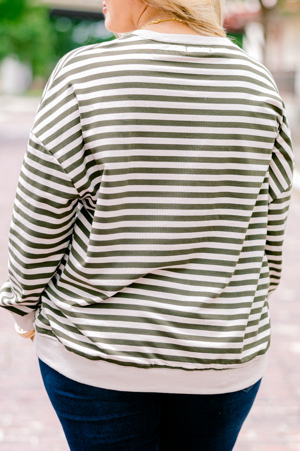 Chic Soul plus size clothing, ivory and olive stripe long sleeve pullover with v stitching at the collar and ivory cuffs and band at the bottom