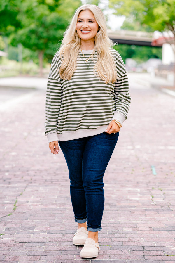 Chic Soul plus size clothing, ivory and olive stripe long sleeve pullover with v stitching at the collar and ivory cuffs and band at the bottom