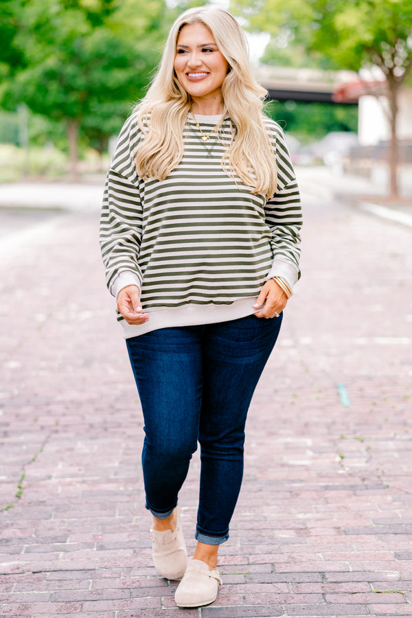 Chic Soul plus size clothing, ivory and olive stripe long sleeve pullover with v stitching at the collar and ivory cuffs and band at the bottom