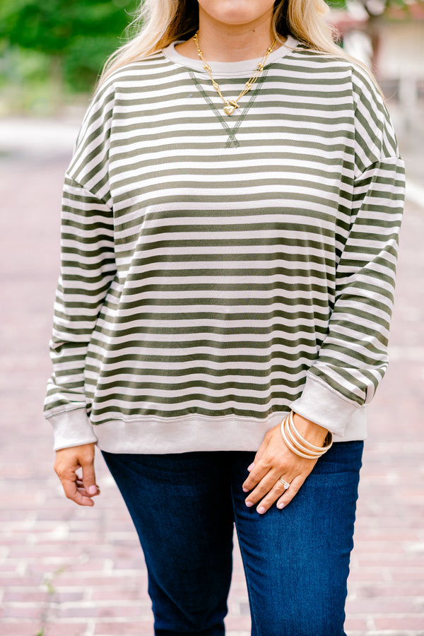 Chic Soul plus size clothing, ivory and olive stripe long sleeve pullover with v stitching at the collar and ivory cuffs and band at the bottom