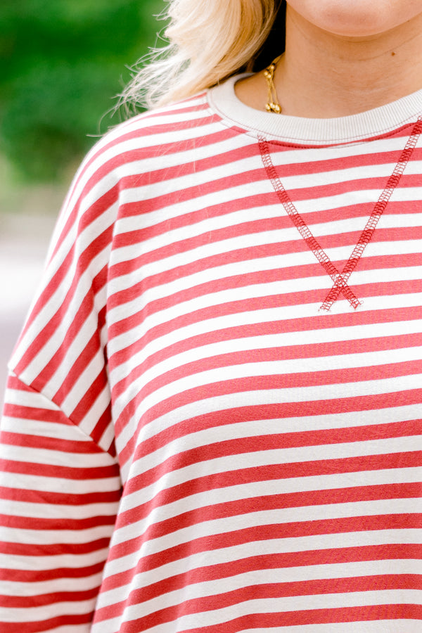 Chic Soul plus size clothing, red and white horizontal striped long sleeve pullover 