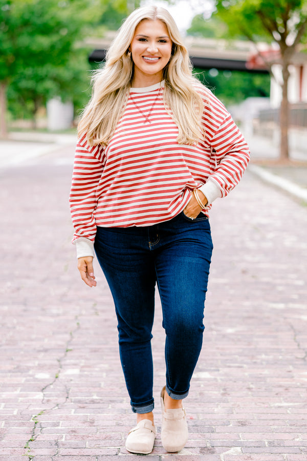Chic Soul plus size clothing, red and white horizontal striped long sleeve pullover 