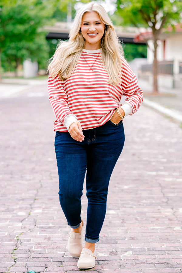 Chic Soul plus size clothing, red and white horizontal striped long sleeve pullover 
