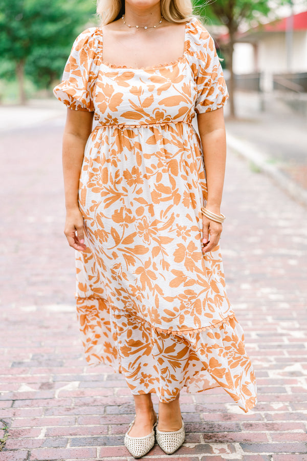 Chic Soul plus size clothing, burnt orange maxi dress with bubble sleeves and a floral pattern throughout as well as a square neckline 