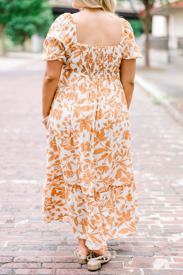 Chic Soul plus size clothing, burnt orange maxi dress with bubble sleeves and a floral pattern throughout as well as a square neckline 