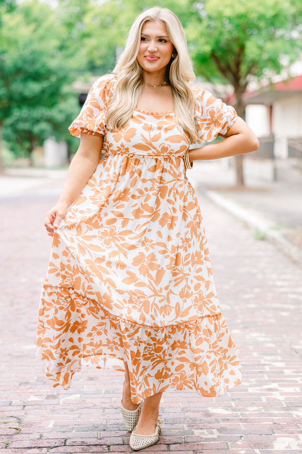 Chic Soul plus size clothing, burnt orange maxi dress with bubble sleeves and a floral pattern throughout as well as a square neckline 