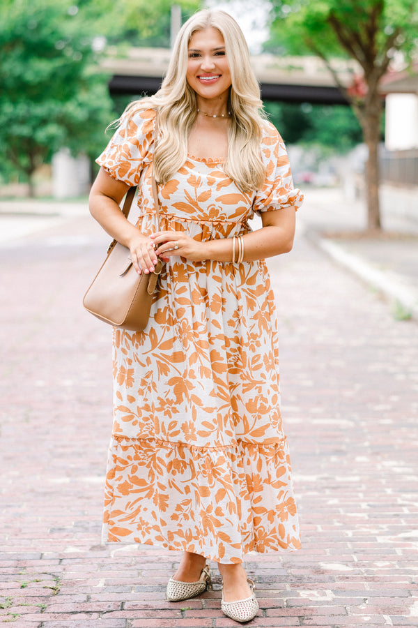 Chic Soul plus size clothing, burnt orange maxi dress with bubble sleeves and a floral pattern throughout as well as a square neckline 