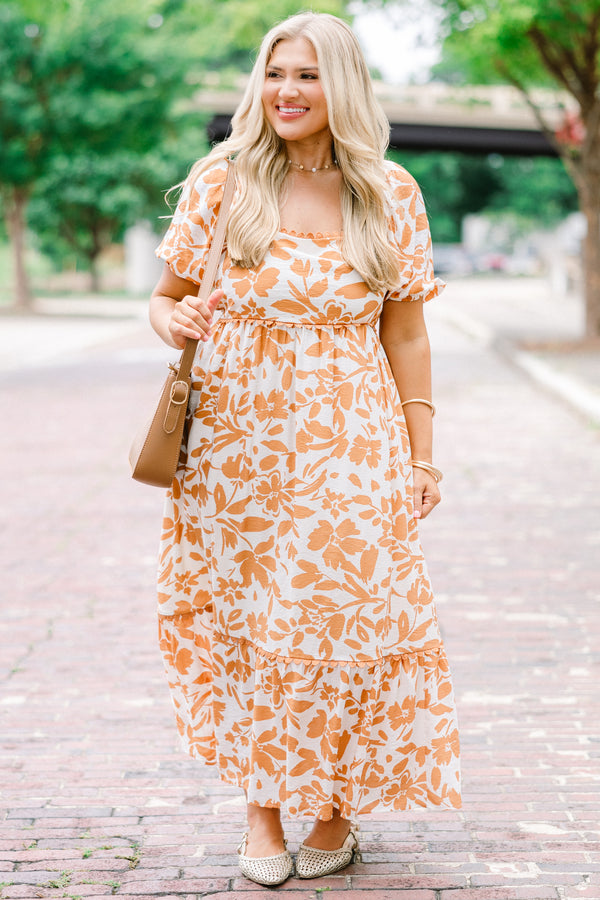 Chic Soul plus size clothing, burnt orange maxi dress with bubble sleeves and a floral pattern throughout as well as a square neckline 