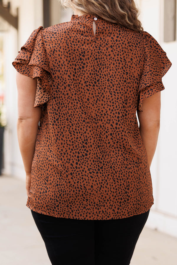 Chic Soul plus size clothing, cinnamon colored leopard pattern blouse with flutter sleeves