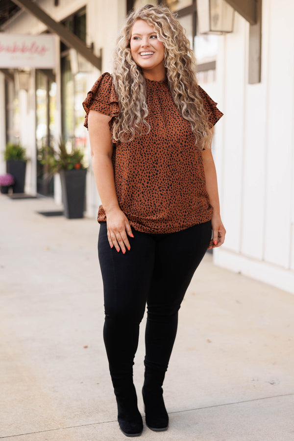 Chic Soul plus size clothing, cinnamon colored leopard pattern blouse with flutter sleeves