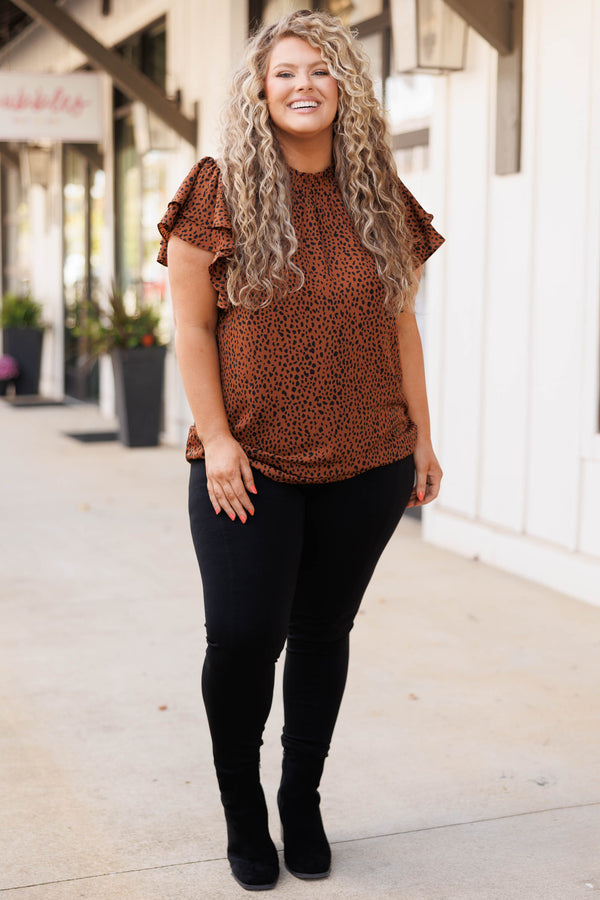 Chic Soul plus size clothing, cinnamon colored leopard pattern blouse with flutter sleeves