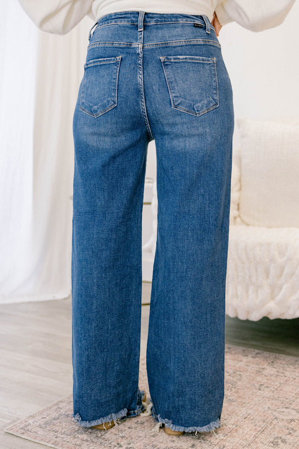 Chic Soul plus size clothing, dark wash wide leg jeans with a raw hem