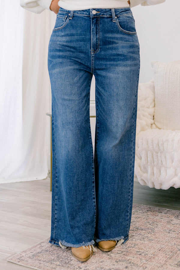 Chic Soul plus size clothing, dark wash wide leg jeans with a raw hem