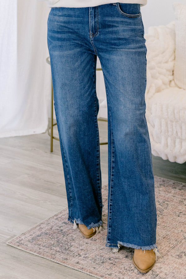 Chic Soul plus size clothing, dark wash wide leg jeans with a raw hem