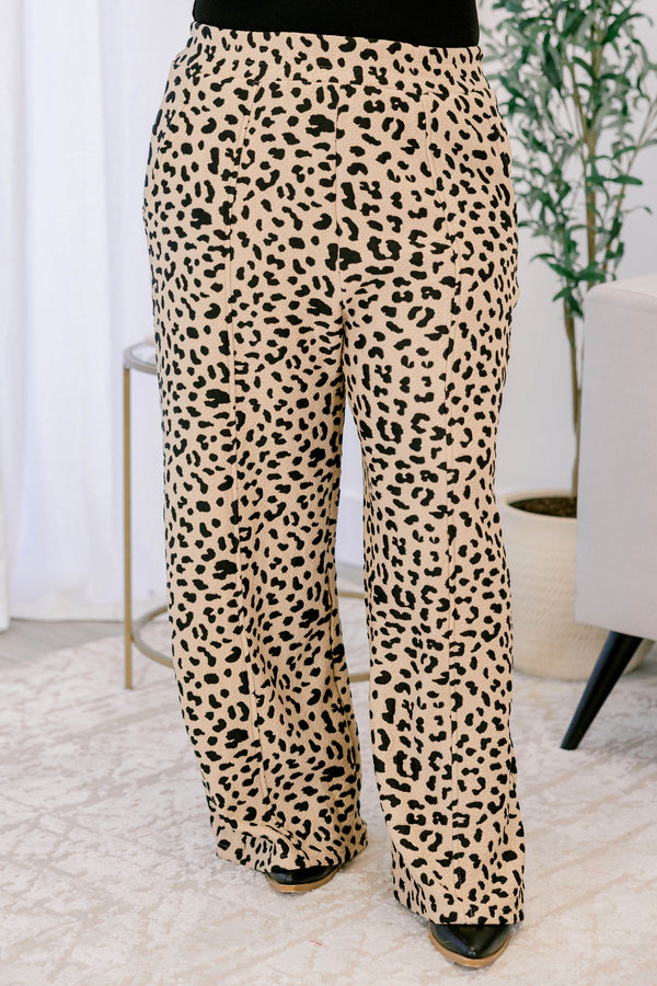 Chic Soul plus size clothing, leopard print full length straight leg pants with 2 front pockets 