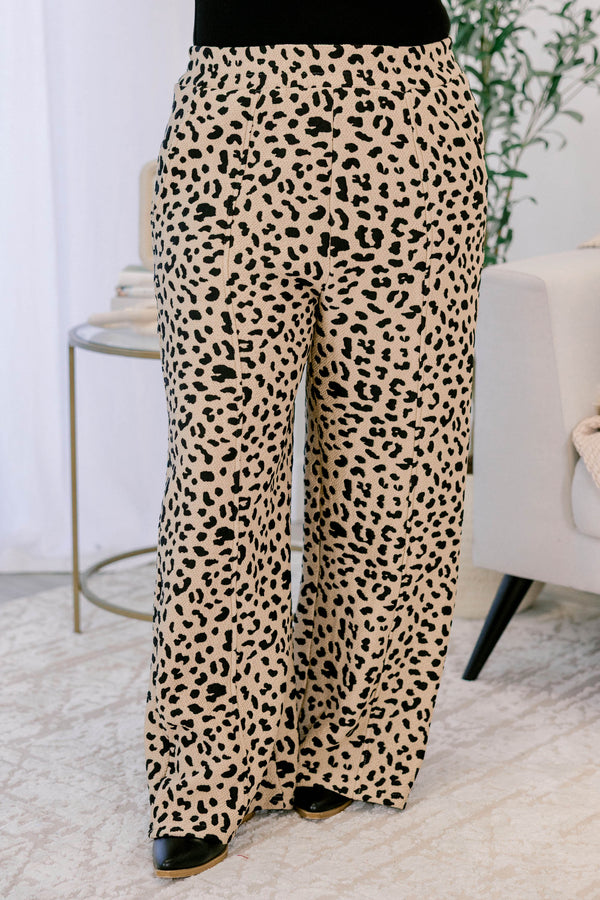 Chic Soul plus size clothing, leopard print full length straight leg pants with 2 front pockets 