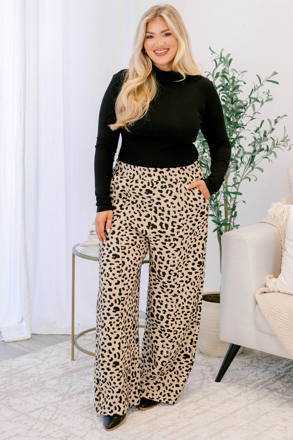Chic Soul plus size clothing, leopard print full length straight leg pants with 2 front pockets 