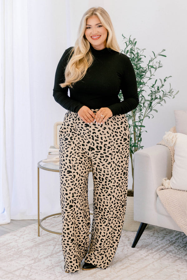 Chic Soul plus size clothing, leopard print full length straight leg pants with 2 front pockets 