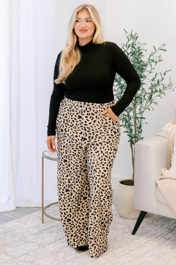 Chic Soul plus size clothing, leopard print full length straight leg pants with 2 front pockets 