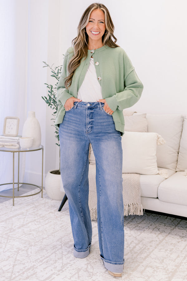 Chic Soul plus size clothing, medium washed jean straight fit jeans with front pockets and a cuff detail at the bottom of each pant leg