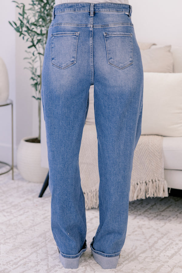 Chic Soul plus size clothing, medium washed jean straight fit jeans with front pockets and a cuff detail at the bottom of each pant leg