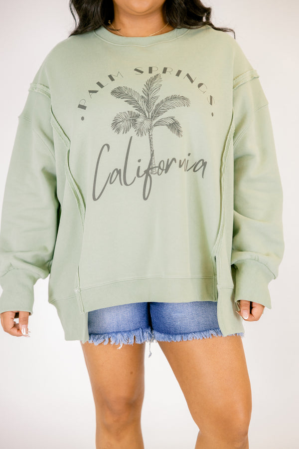 Chic soul plus size clothing, light green long sleeve crewneck pullover with palm tree and 