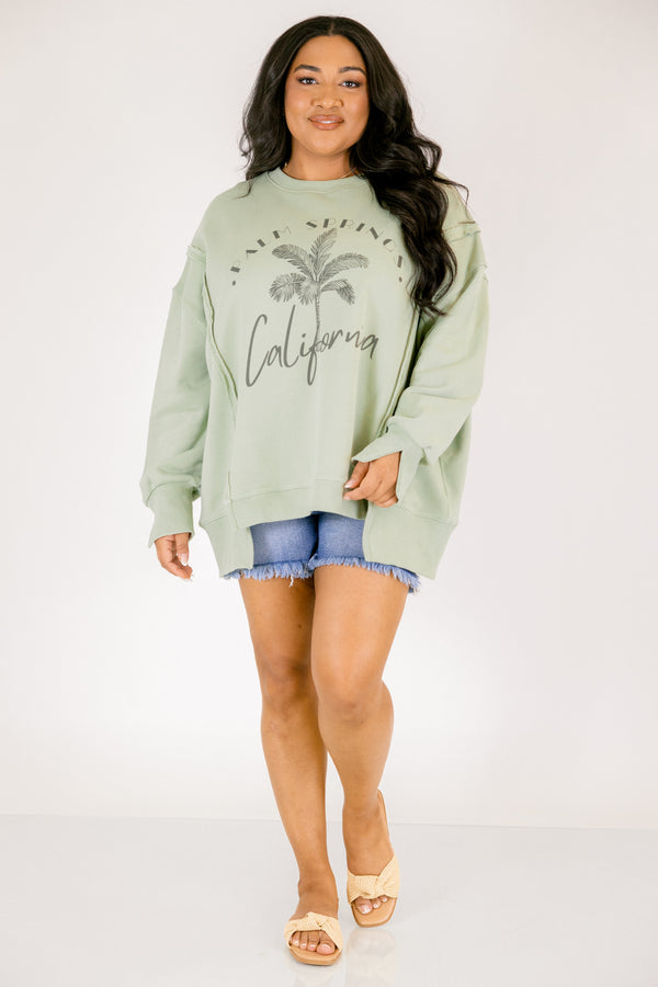 Chic soul plus size clothing, light green long sleeve crewneck pullover with palm tree and 