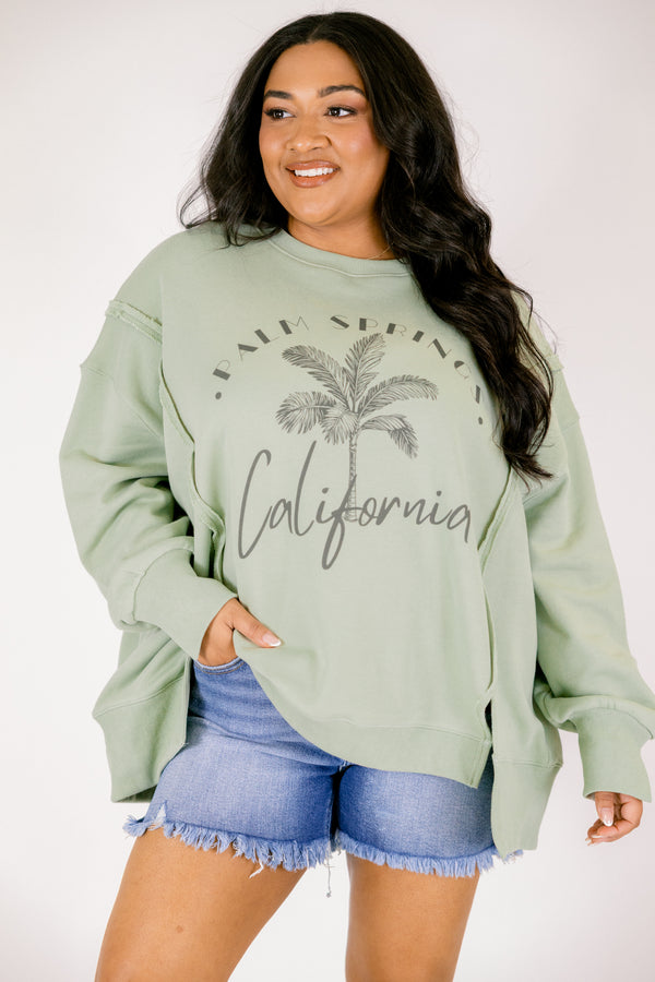 Chic soul plus size clothing, light green long sleeve crewneck pullover with palm tree and 