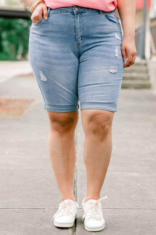 Chic Soul plus size clothing, light wash denim shorts with cuff detail and minimal distressing
