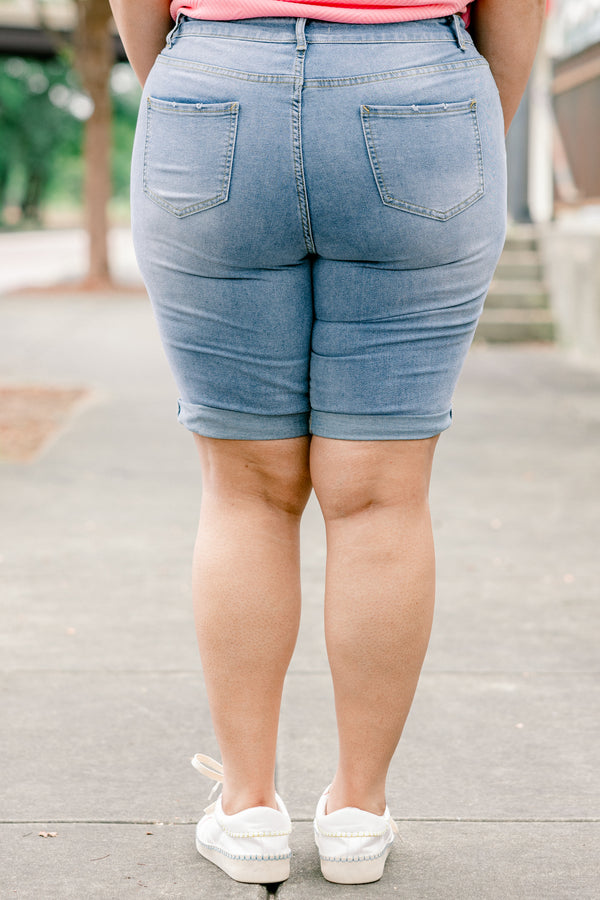 Chic Soul plus size clothing, light wash denim shorts with cuff detail and minimal distressing