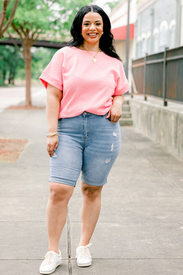 Chic Soul plus size clothing, light wash denim shorts with cuff detail and minimal distressing