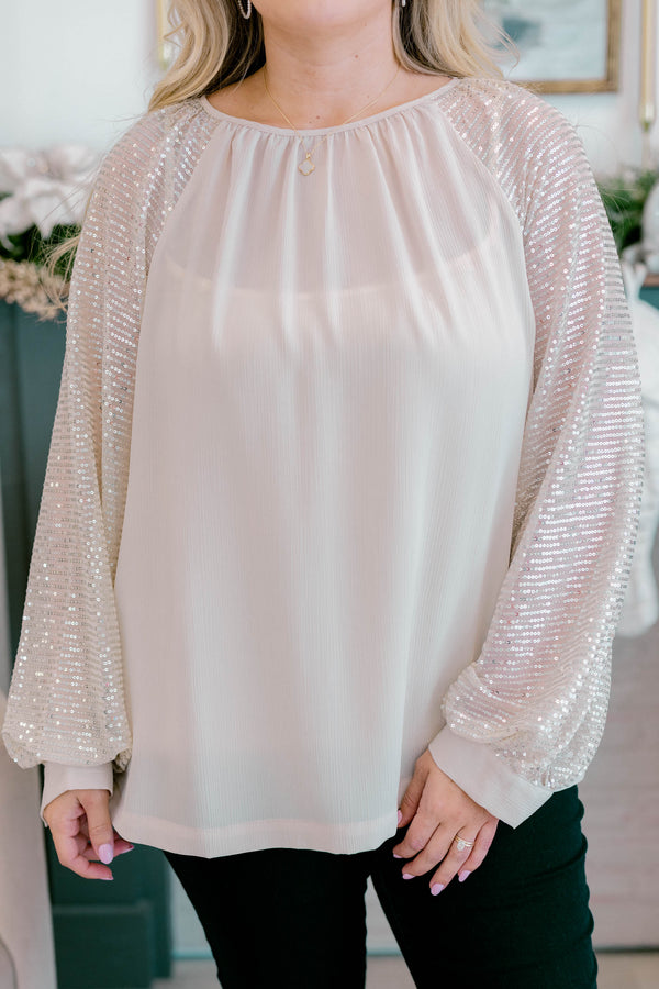 Chic Soul plus size clothing, champagne and silver threaded long sleeve sheer blouse
