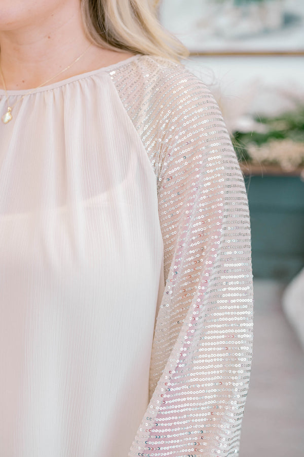 Chic Soul plus size clothing, champagne and silver threaded long sleeve sheer blouse
