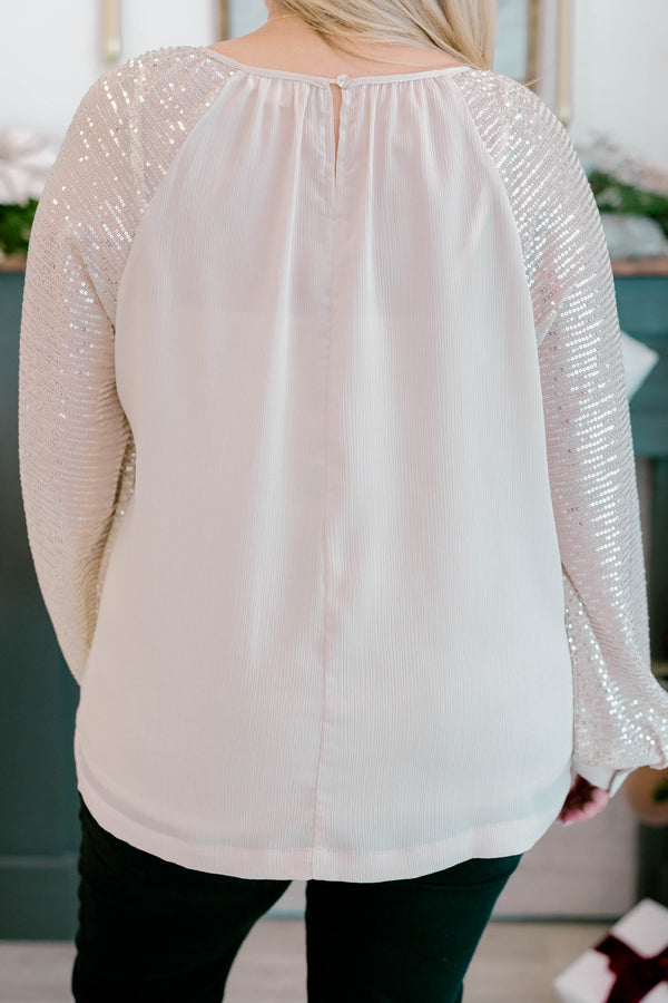Chic Soul plus size clothing, champagne and silver threaded long sleeve sheer blouse
