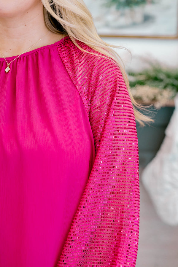 Chic Soul plus size clothing, hot pink long sleeve top with sequin sleeves